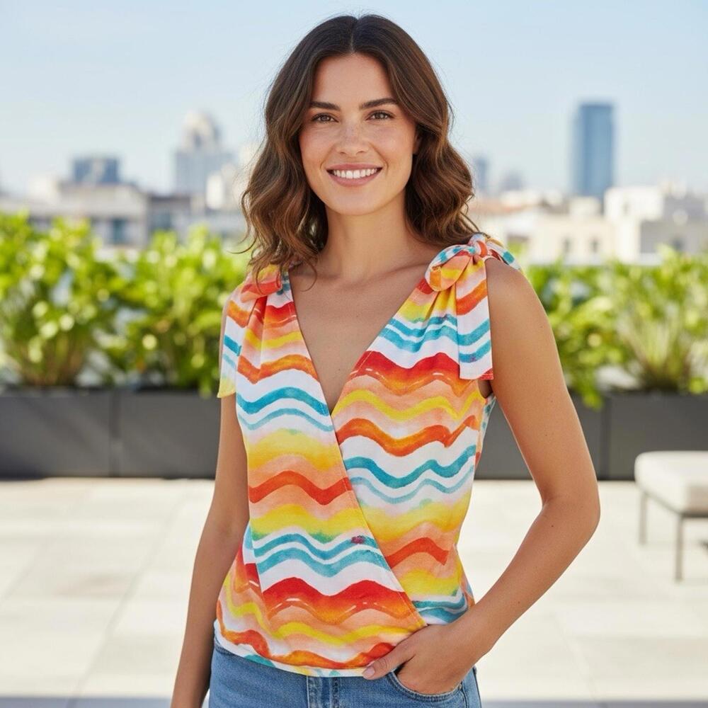 Macaron Women’s Sleeveless Top Multi-color Stripe Wave Print Size L - A15